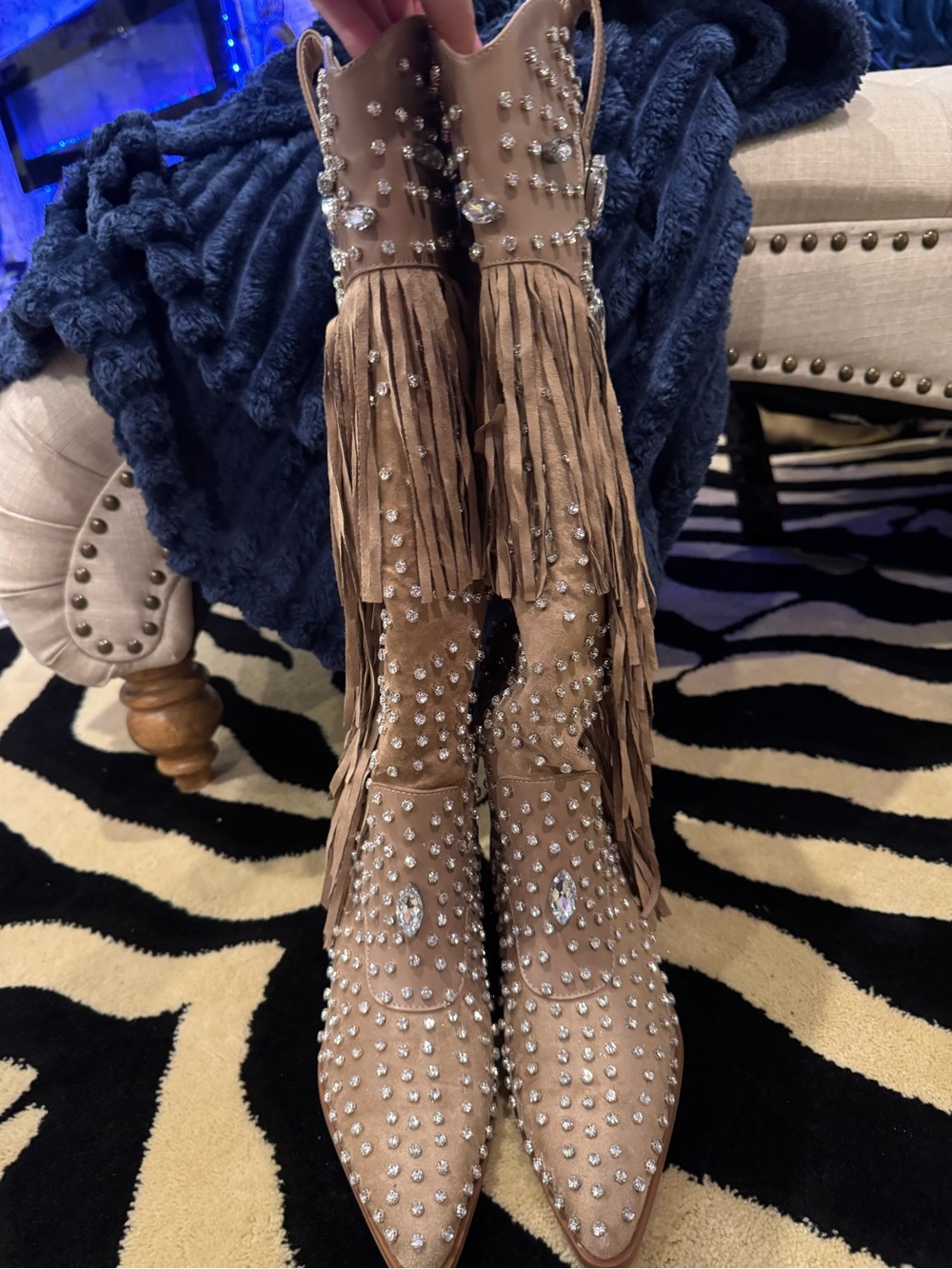 Azalea Wang Embellished Tan Fringe Knee-High Boots